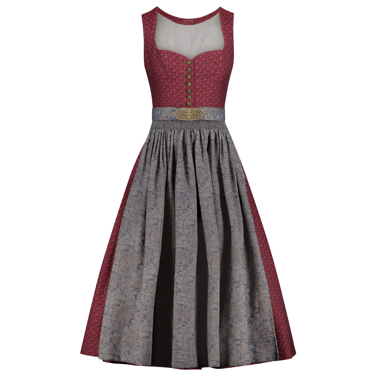 Red and gray dress with a belt on a white background