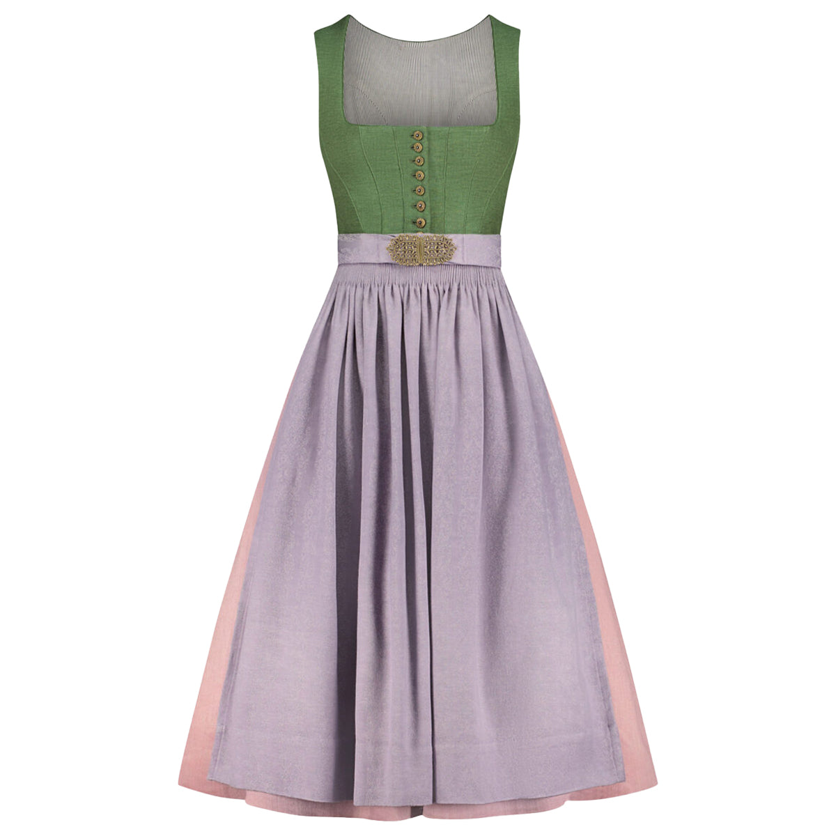 Green and gray dress with a belt on a white background