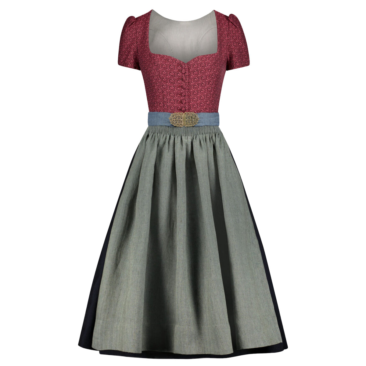 Two-tone dress with red top and gray skirt on a white background