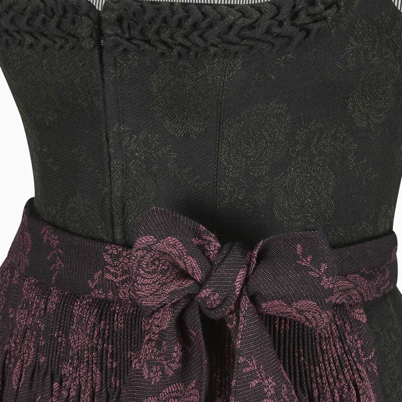 Black and purple patterned dress with a belt on a white background