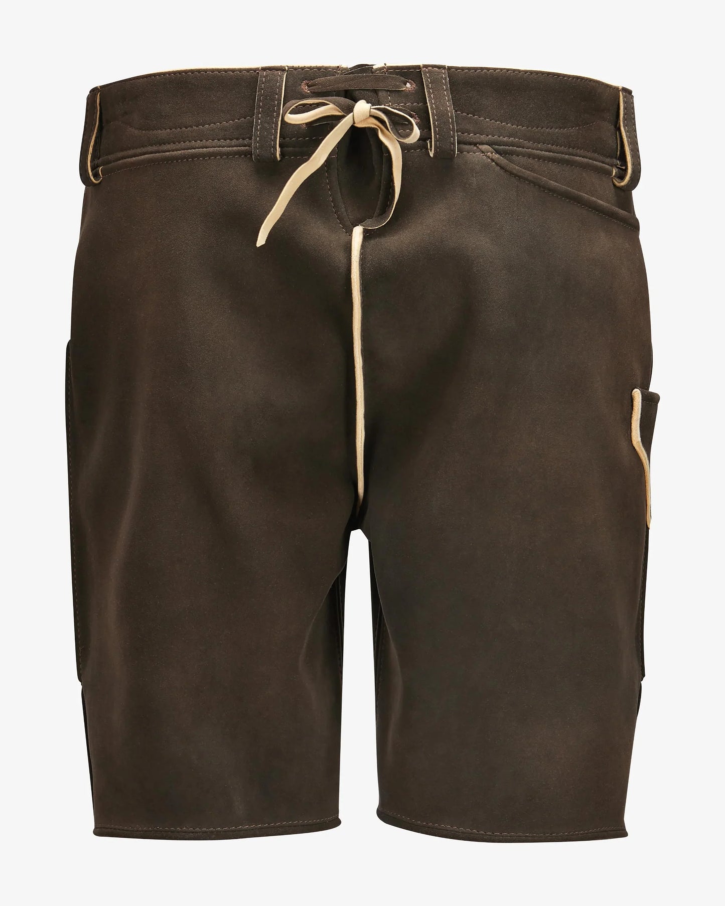 Brown shorts with a drawstring on a white background