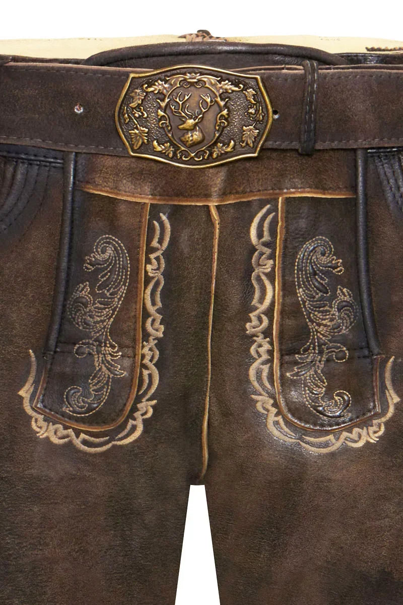 Brown leather pants with gold embroidery and a decorative belt buckle.