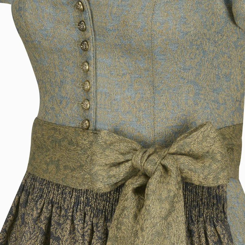 Traditional German dirndl with floral pattern and button details.