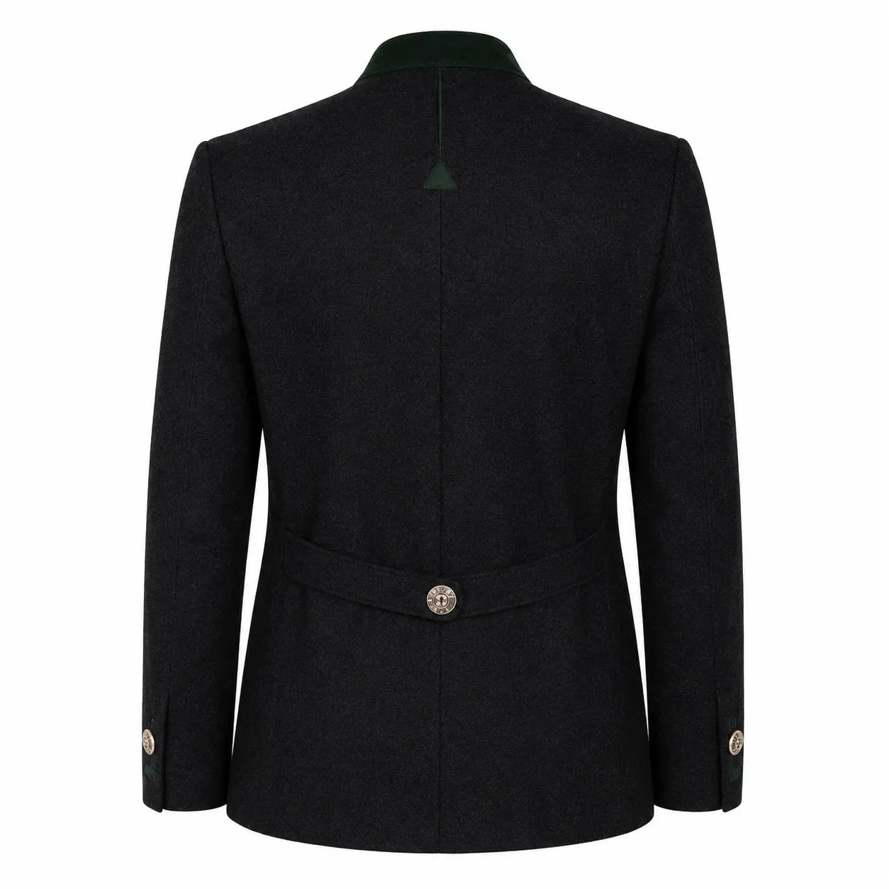 The back view of a dark charcoal gray wool-blend blazer with a structured collar, a single decorative button at the waist, and matching buttons on the cuffs, shown against a plain white background.