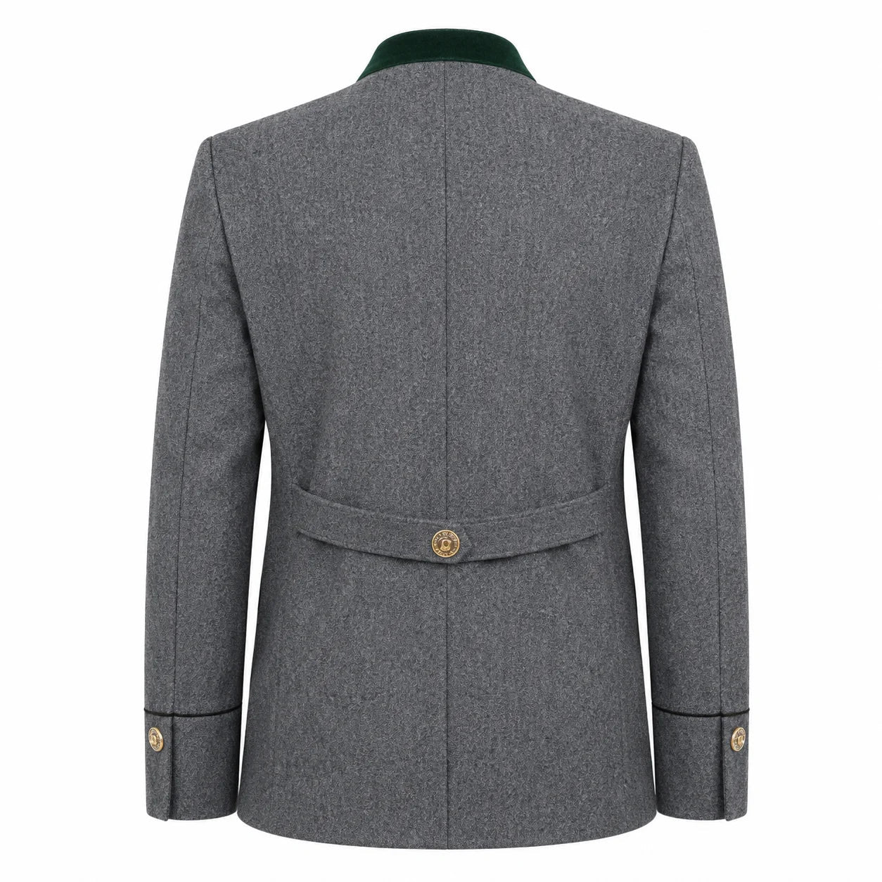 The back view of a gray textured tweed blazer with a dark green collar and gold button accents, shown on a plain white background.