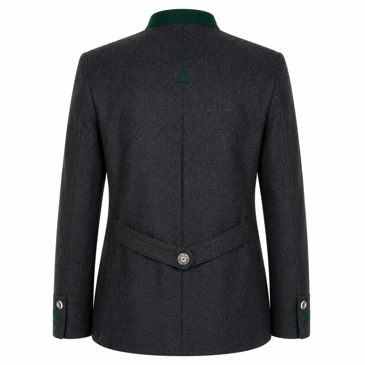 The back view of a dark gray textured wool blazer with a contrasting dark green collar, waist belt, and button details on the cuffs.