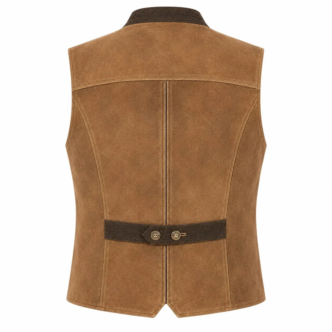 A brown suede vest shown from the back, featuring a dark brown collar and waist belt with two decorative buttons, set against a plain white background.
