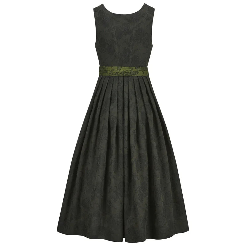 Black dress with a green belt on a white background