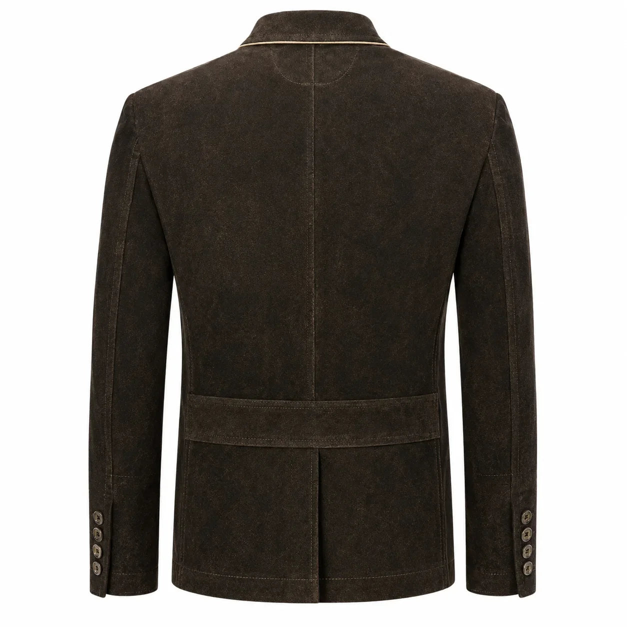 A dark brown suede blazer shown from the back, featuring a structured collar, a central seam, a waist belt, and button details on the cuffs, set against a plain white background.