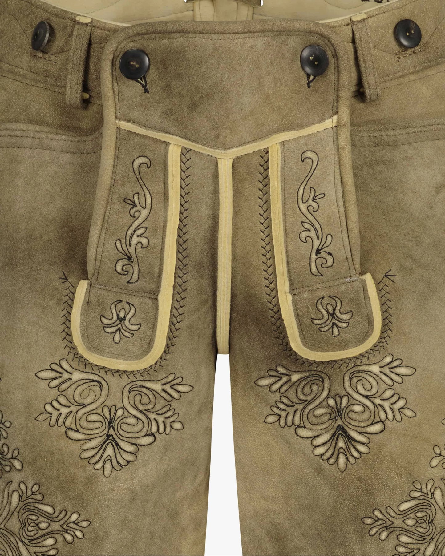 Brown leather pants with intricate embroidery on a white background