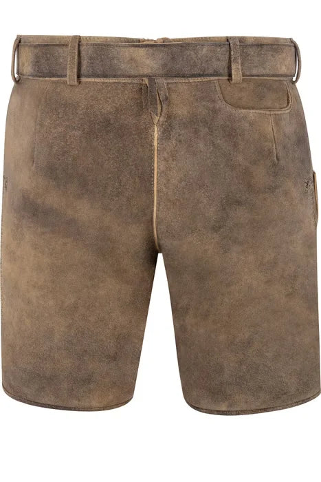 Brown leather shorts with a belt on a white background