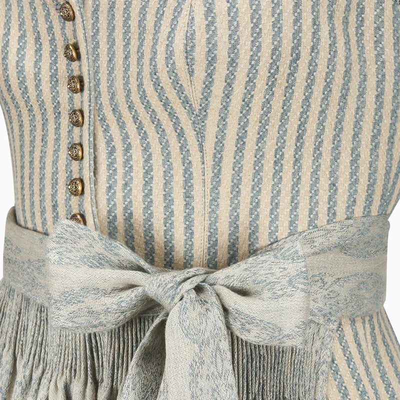 Close-up of a striped dress with a belt and buttons.