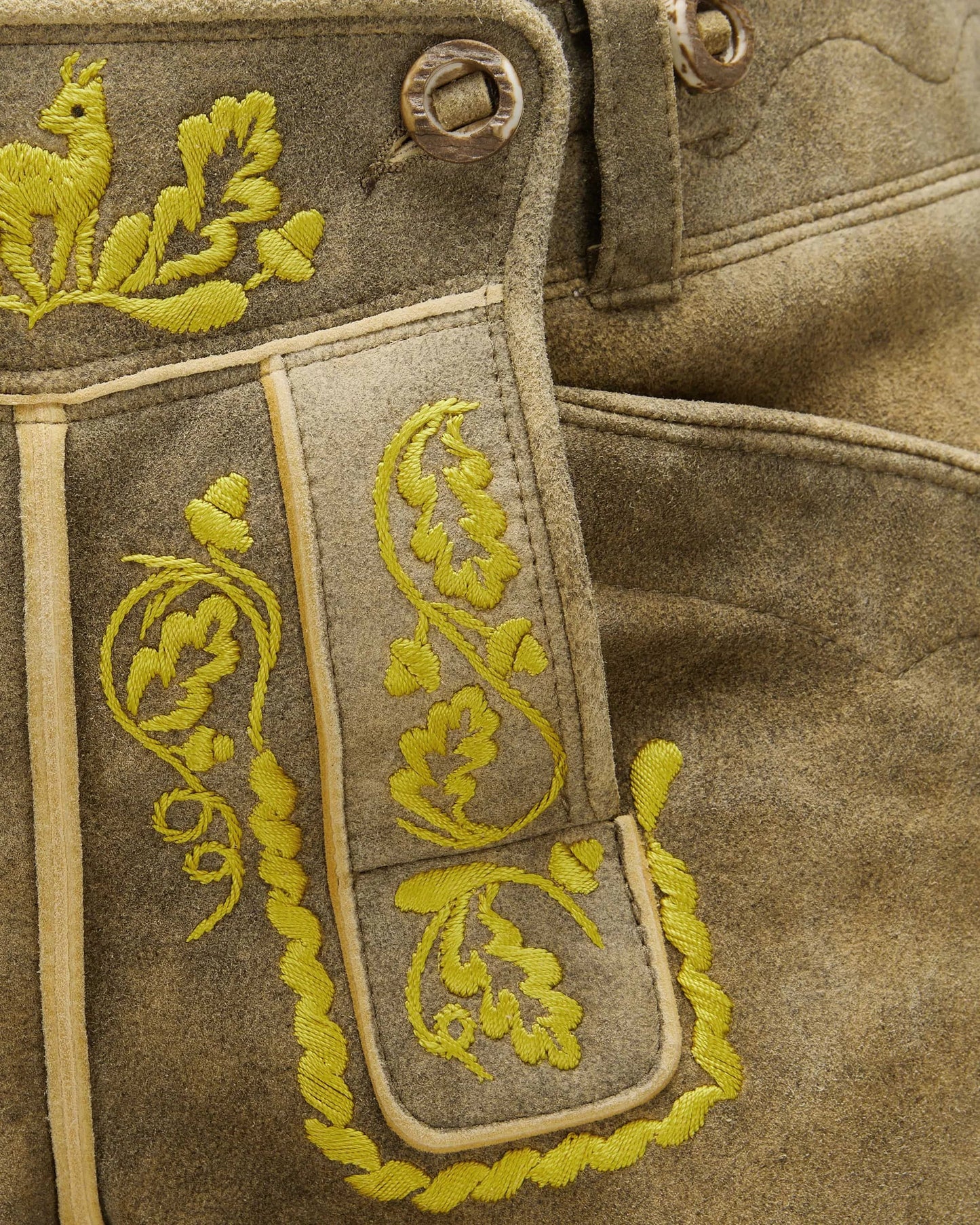 Close-up of brown fabric with yellow embroidery on a buttoned garment.