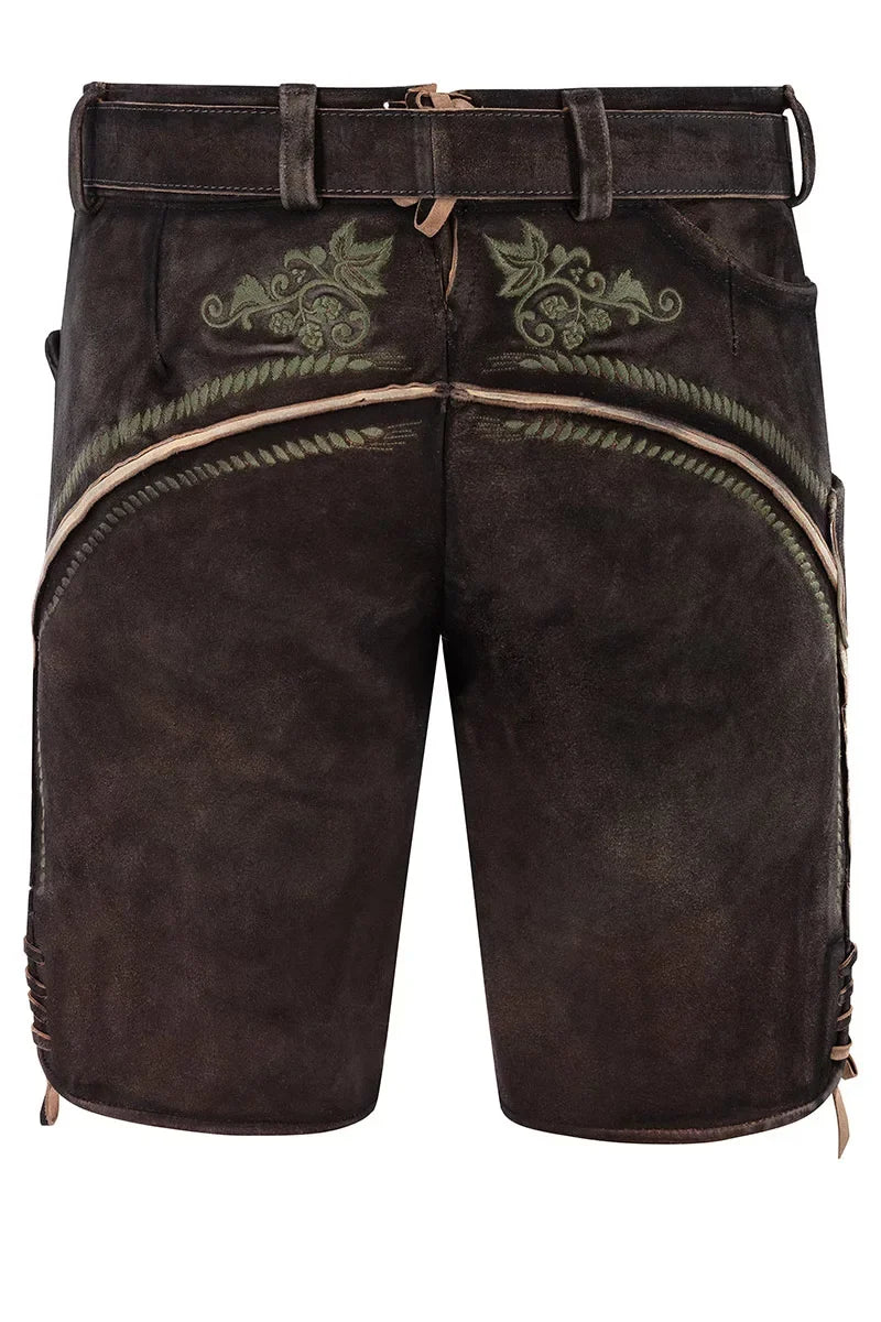 Brown leather shorts with green embroidery on a white background