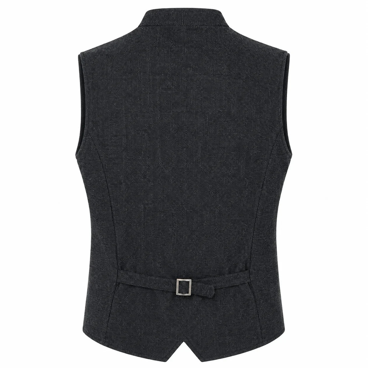 A dark charcoal gray waistcoat vest with a matching tie belt and silver buckle, shown from the back on a plain white background.