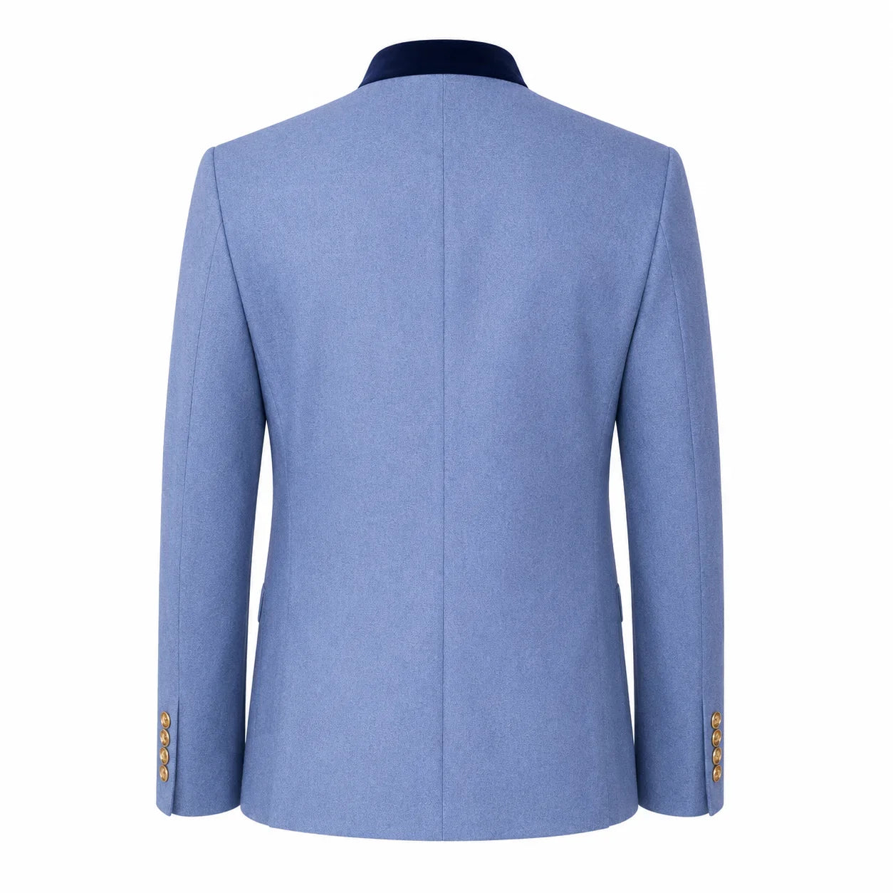 The back view of a men's blazer in a heathered medium blue fabric, featuring a contrasting dark navy collar and gold button accents on the cuffs.