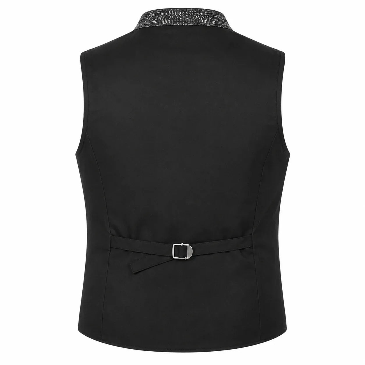 Black sleeveless vest shown from the back, featuring a textured gray patterned collar and a matching tie belt with a silver buckle at the waist, set against a plain white background.