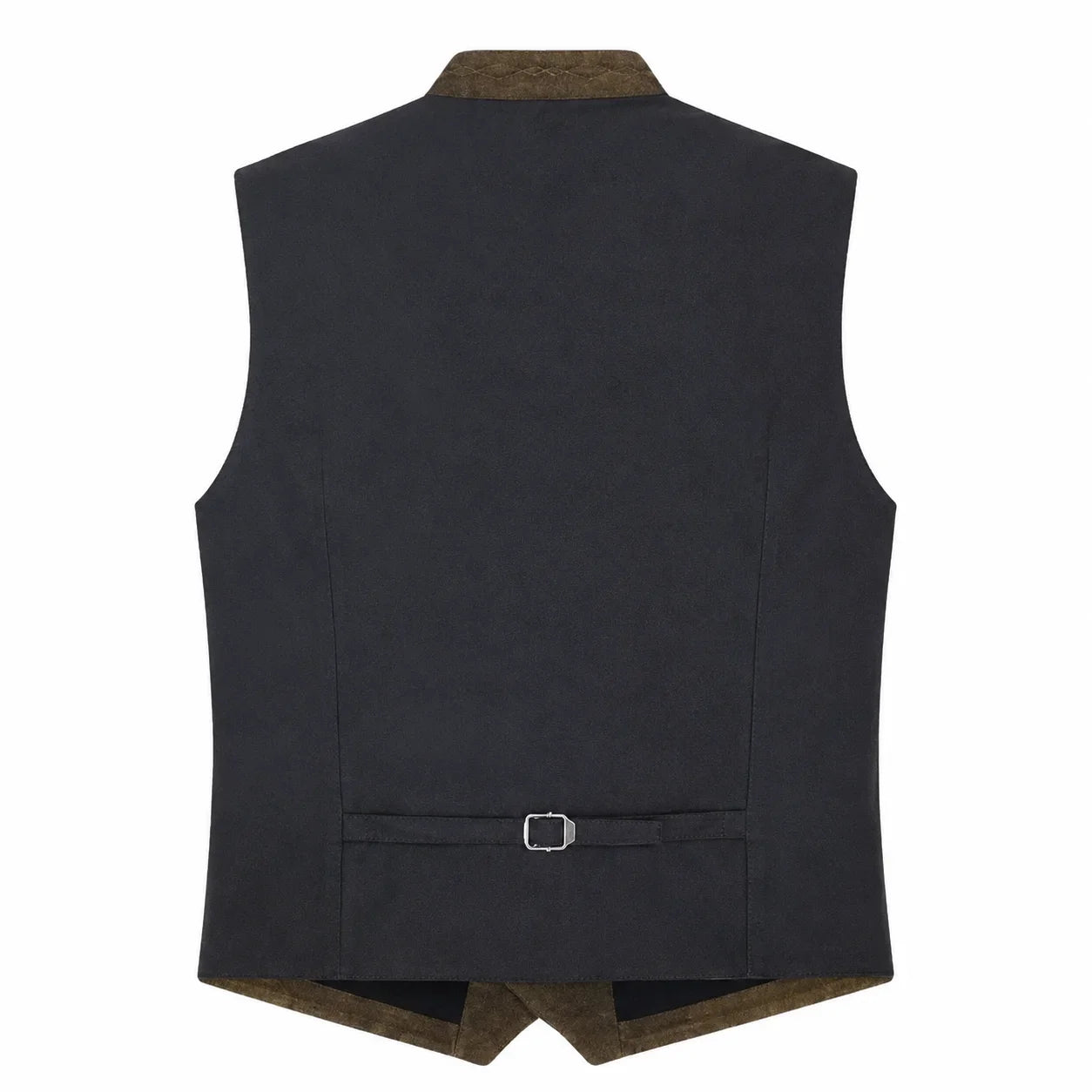 A dark charcoal gray waistcoat shown from the back, featuring a brown corduroy collar and hem, and a matching brown tie belt with a silver buckle at the bottom.