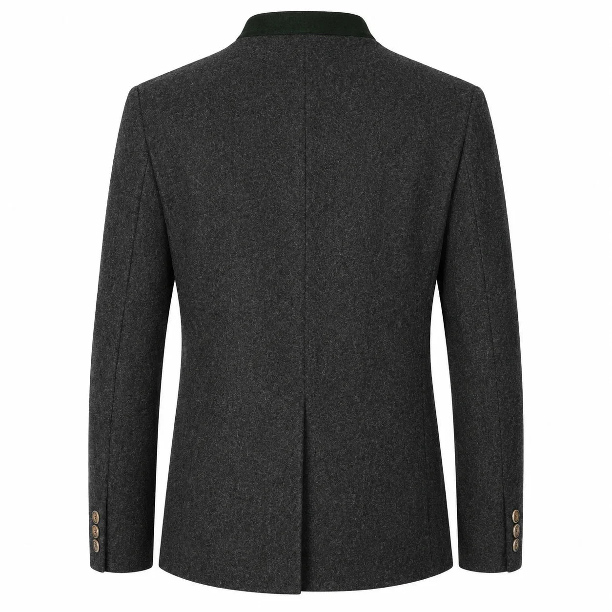 A dark charcoal gray textured wool blazer shown from the back, featuring a subtle green inner collar and three decorative buttons on each cuff, set against a plain white background.