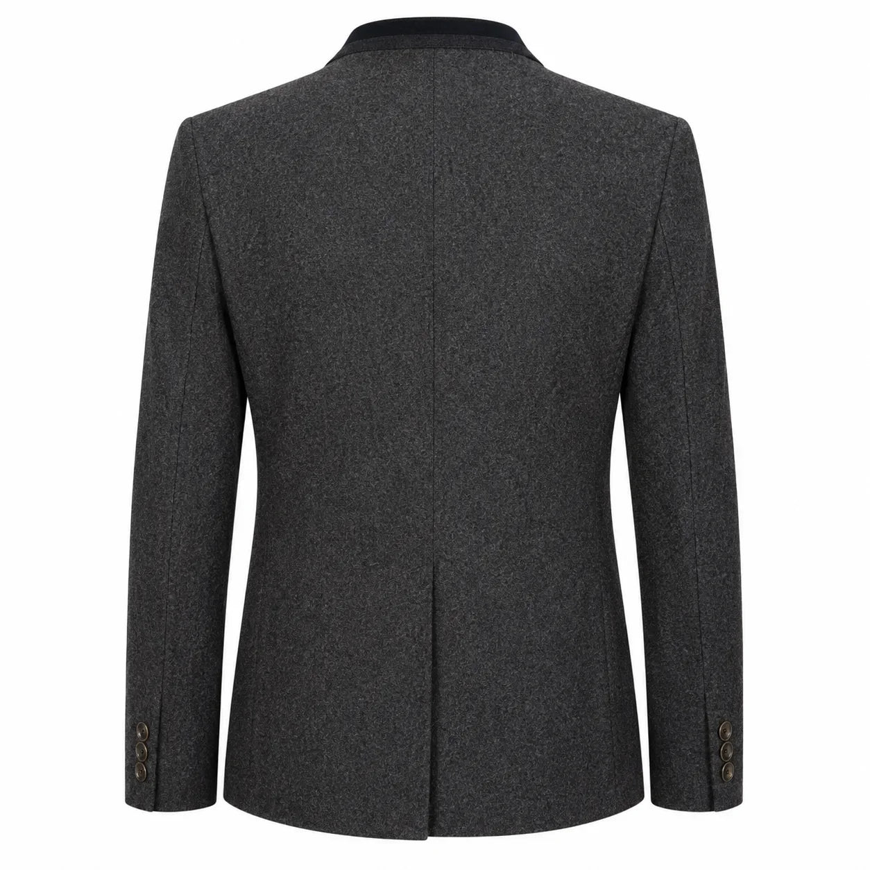 A dark gray textured wool blazer shown from the back, featuring a subtle heathered pattern, structured shoulders, and button details on the cuffs, set against a plain white background.