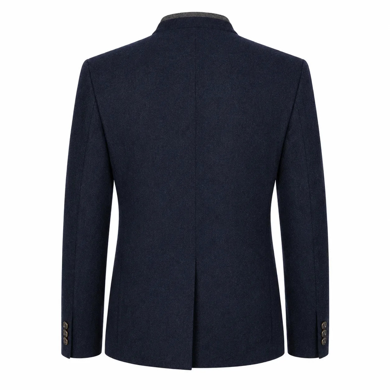 A dark navy blue wool-blend blazer shown from the back, featuring a structured collar, long sleeves, and a central seam, set against a plain white background.