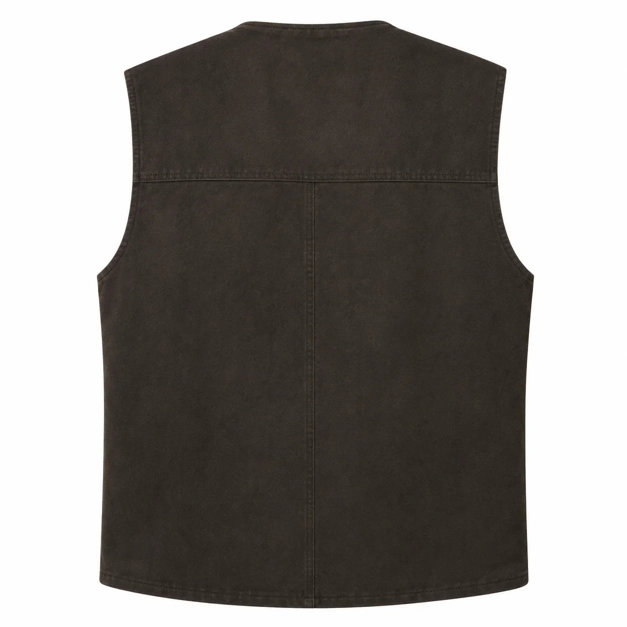 A dark brown sleeveless vest with a textured fabric finish, shown from the back against a plain white background.