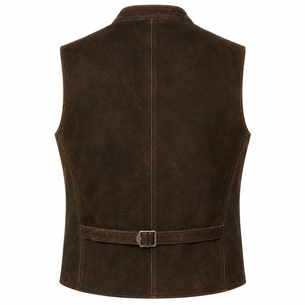 A dark brown suede vest shown from the back, featuring a central seam, a matching waist belt with a silver buckle, and a pointed collar, set against a plain white background.