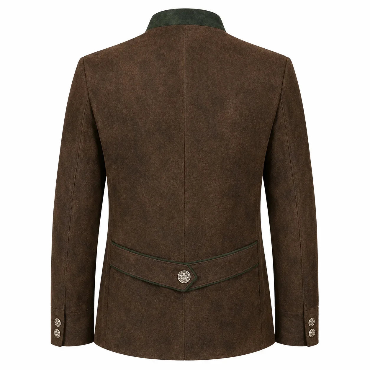 The back view of a men's brown suede jacket with a dark green collar, waist trim, and button details, shown on a plain white background.