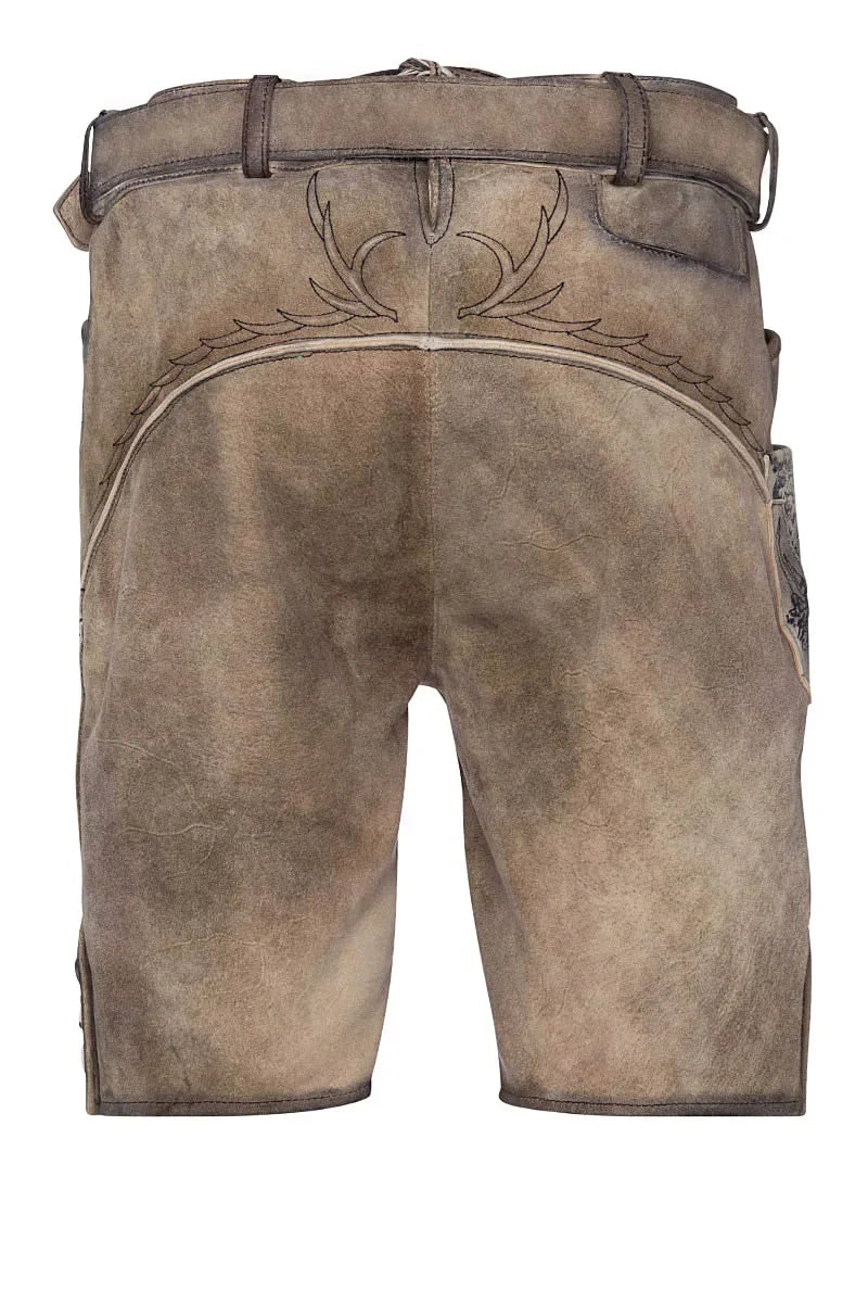 Brown leather shorts with a belt and decorative stitching on a white background
