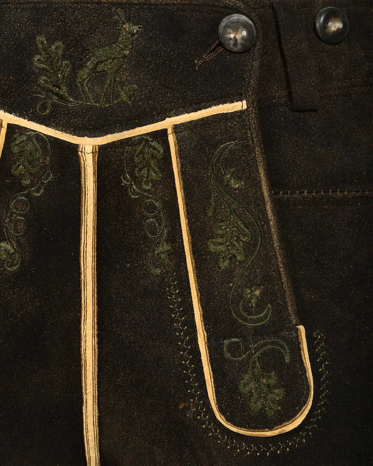 Close-up of dark fabric with embroidered patterns and buttons