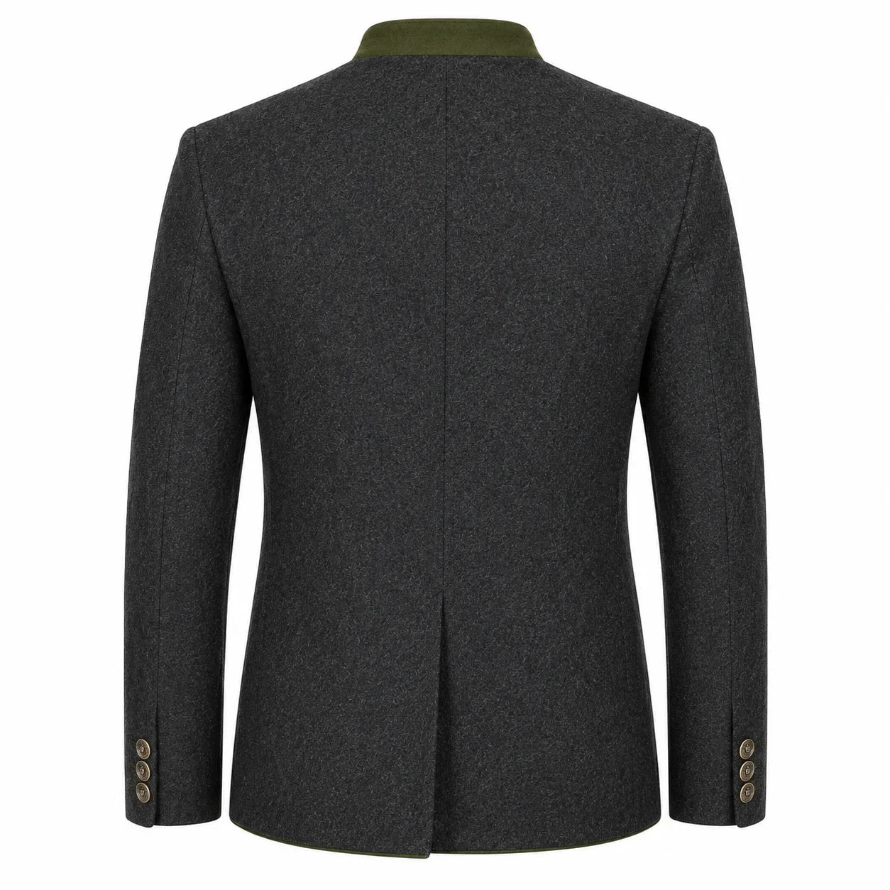 The back view of a dark gray textured wool blazer with a contrasting olive green collar and three gold buttons on the cuffs, shown on a plain white background.