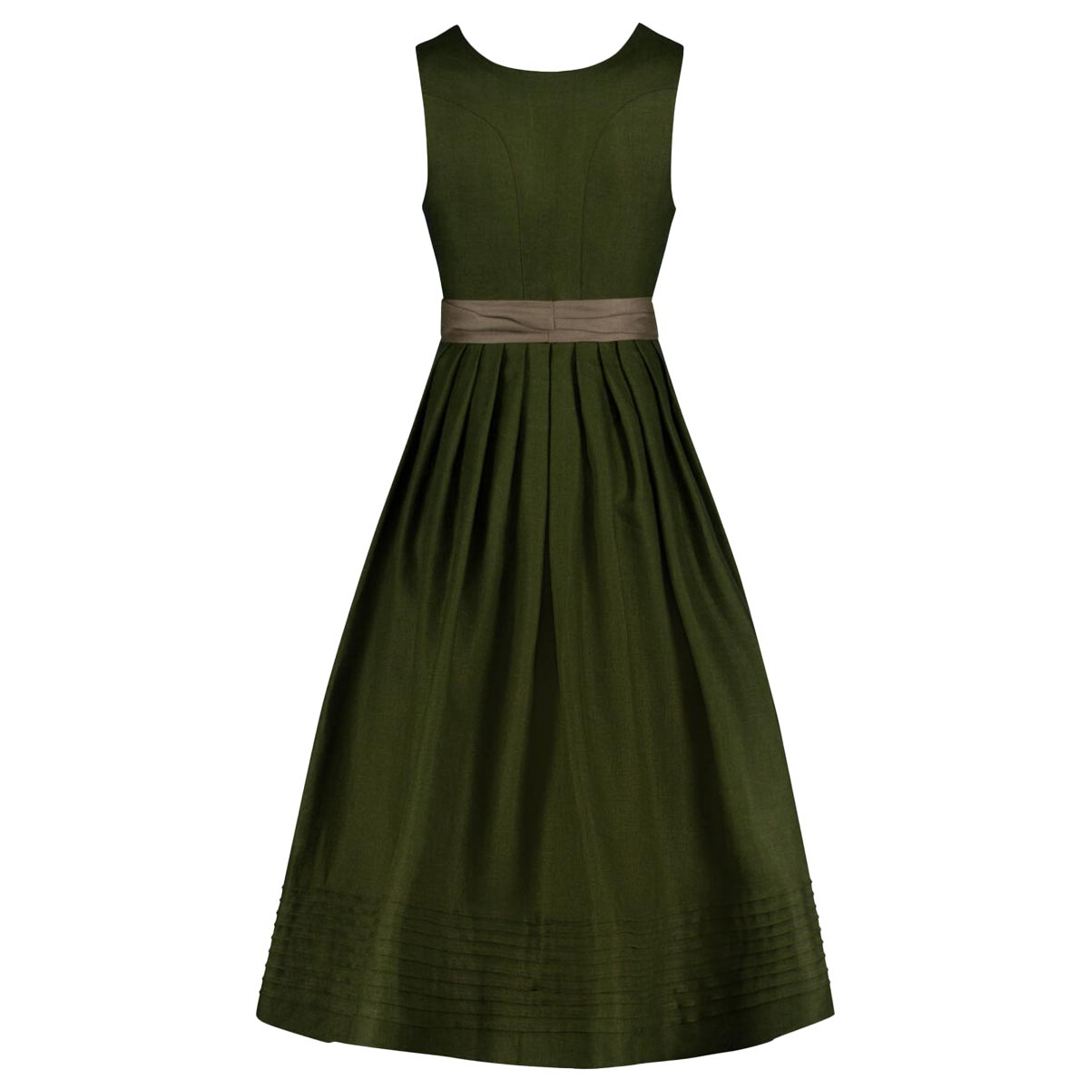 Green dress with a brown belt on a white background
