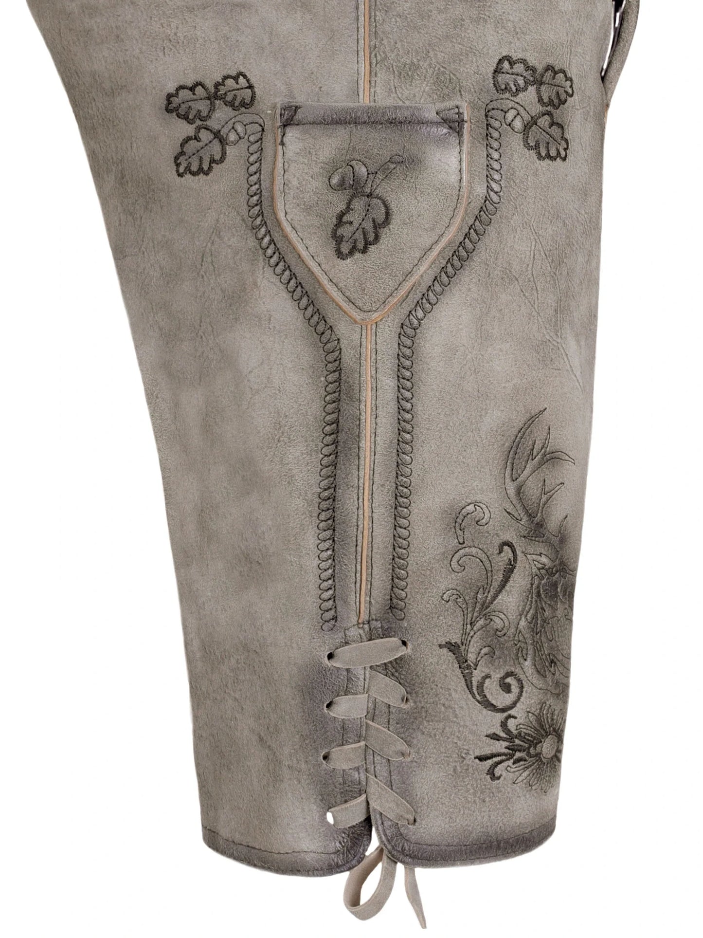 Close-up of a gray leather boot with intricate lace-up design and floral embroidery on a white background