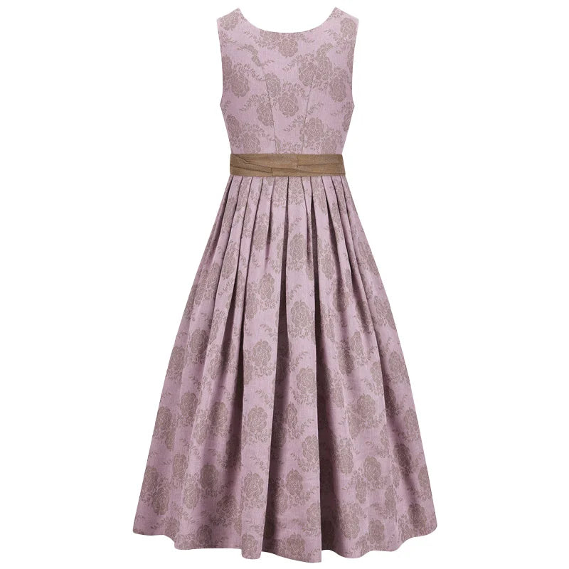 Pink floral dress with a gold belt on a white background