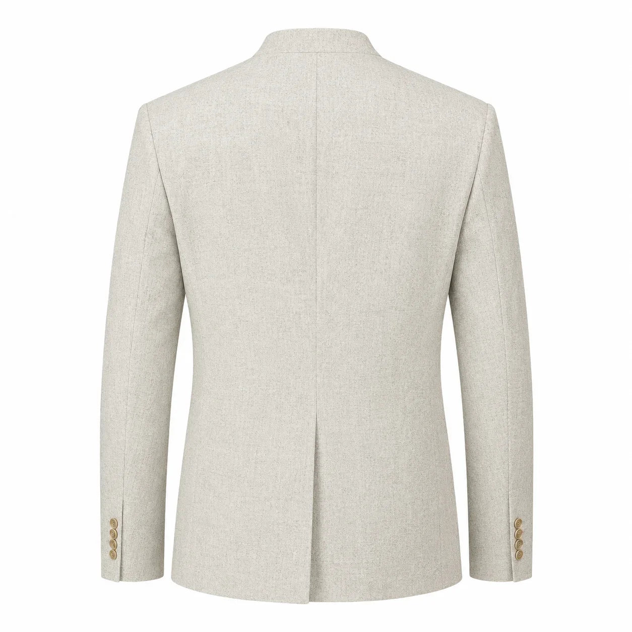 The back view of a light beige textured blazer with a center seam and gold button accents on the cuffs, shown on a plain white background.
