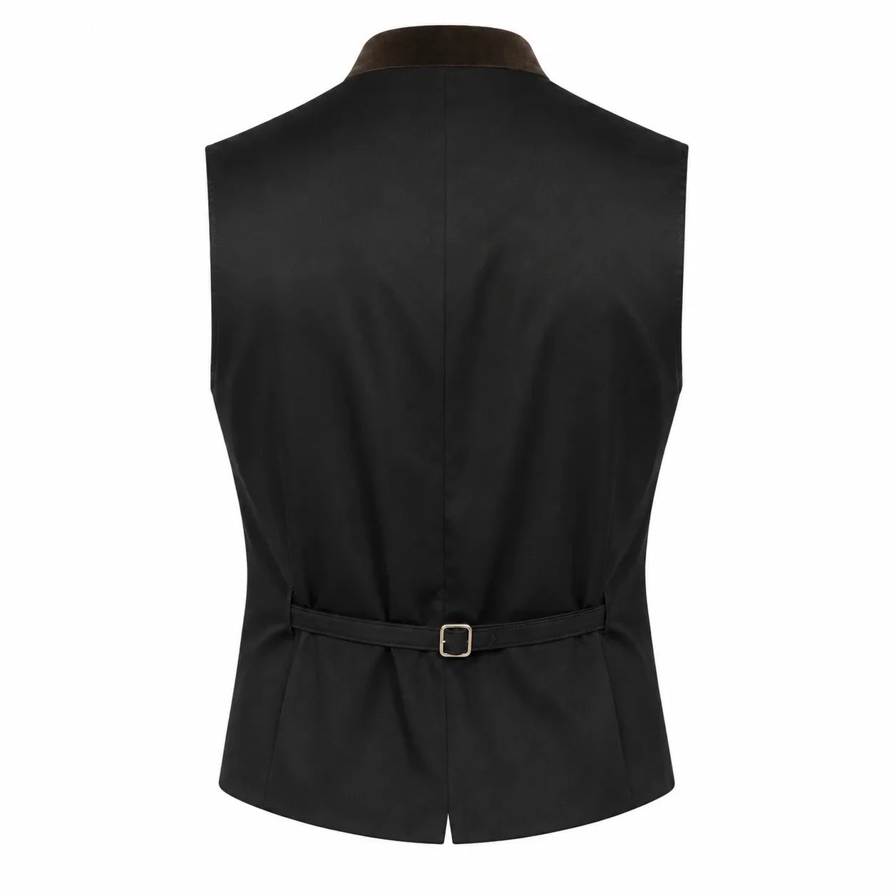 Black waistcoat vest with a brown collar and a matching tie belt with a gold buckle, shown from the back on a white background.
