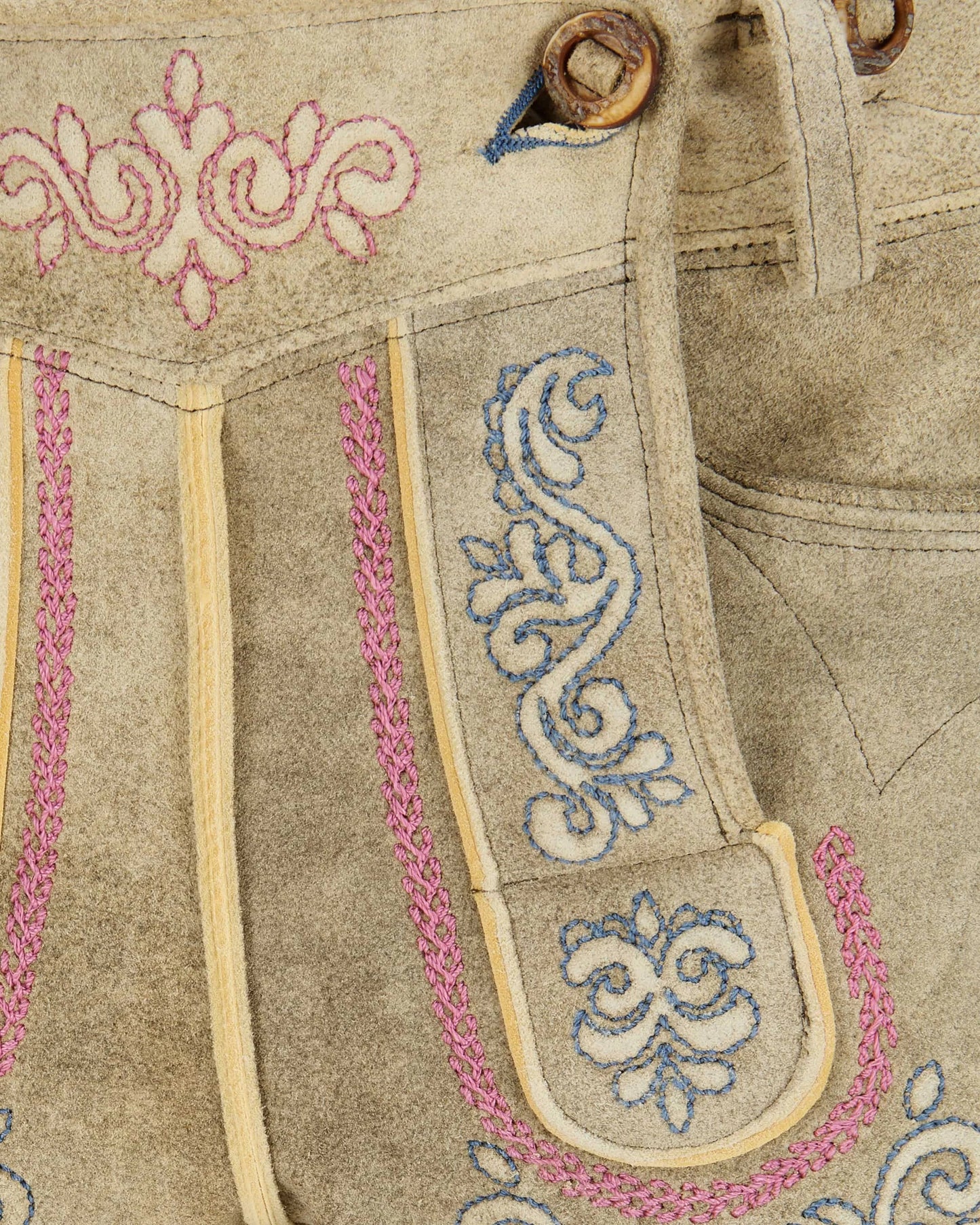 Close-up of traditional Bavarian lederhosen with intricate embroidery.