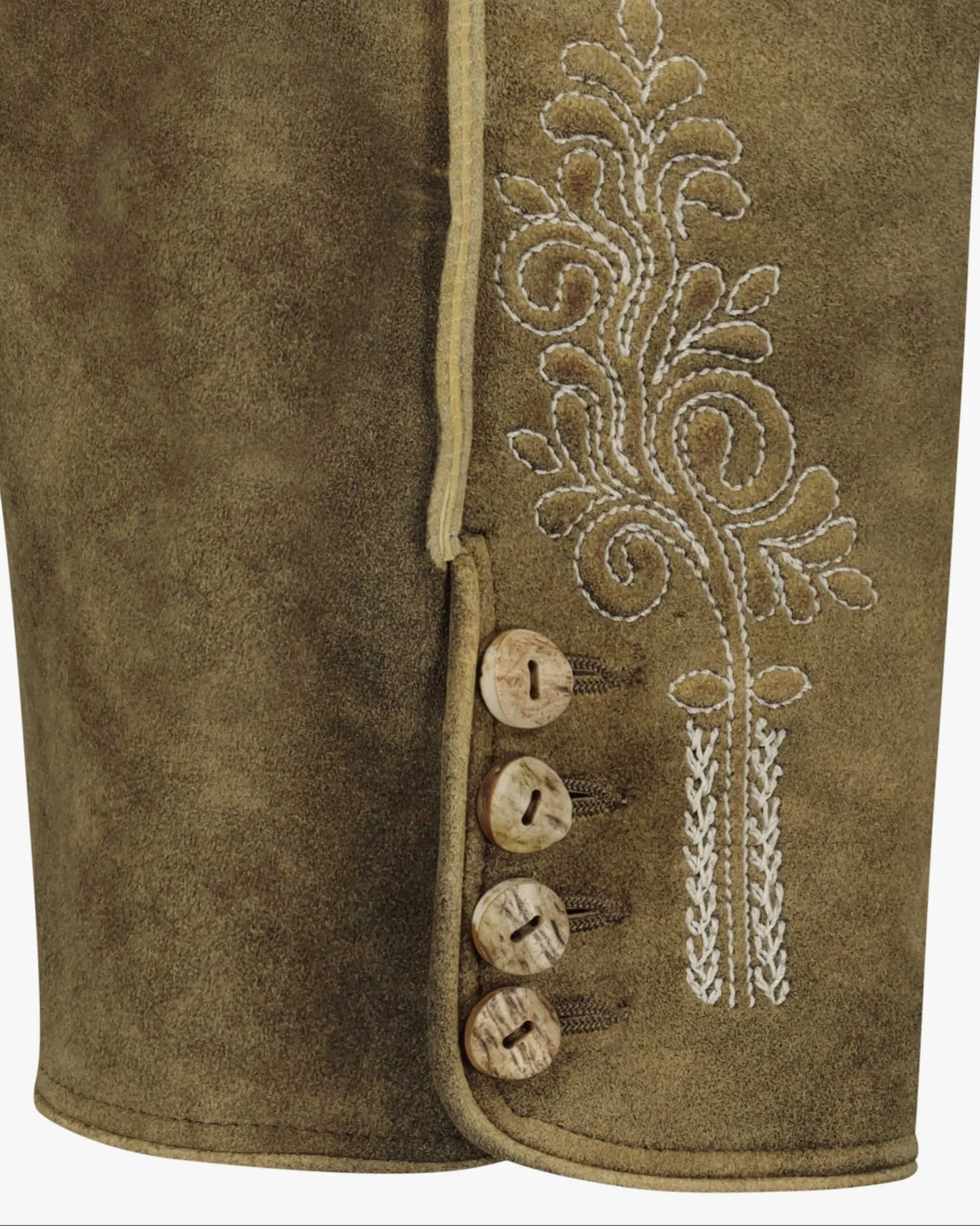 Brown suede jacket with embroidered design and buttons on a white background