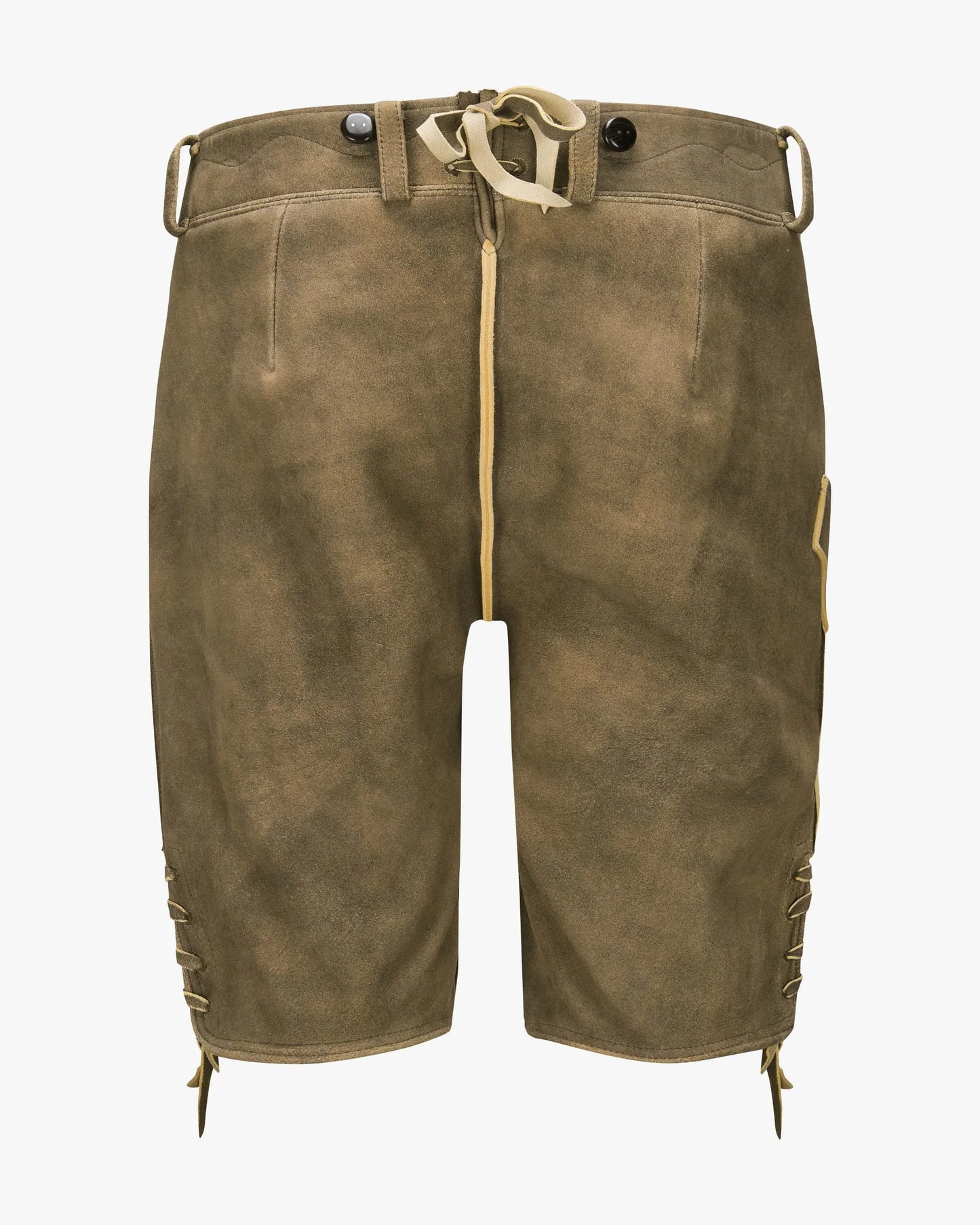 Brown leather shorts with a white background