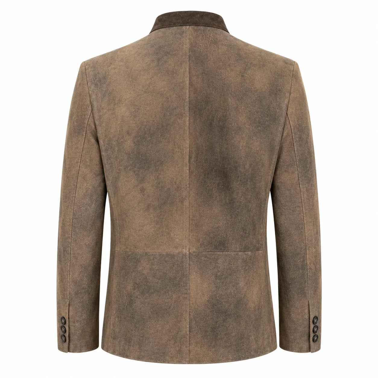 A brown textured suede or nubuck blazer shown from the back, featuring a central seam, notched lapels, and three buttons on each sleeve cuff, set against a plain white background.