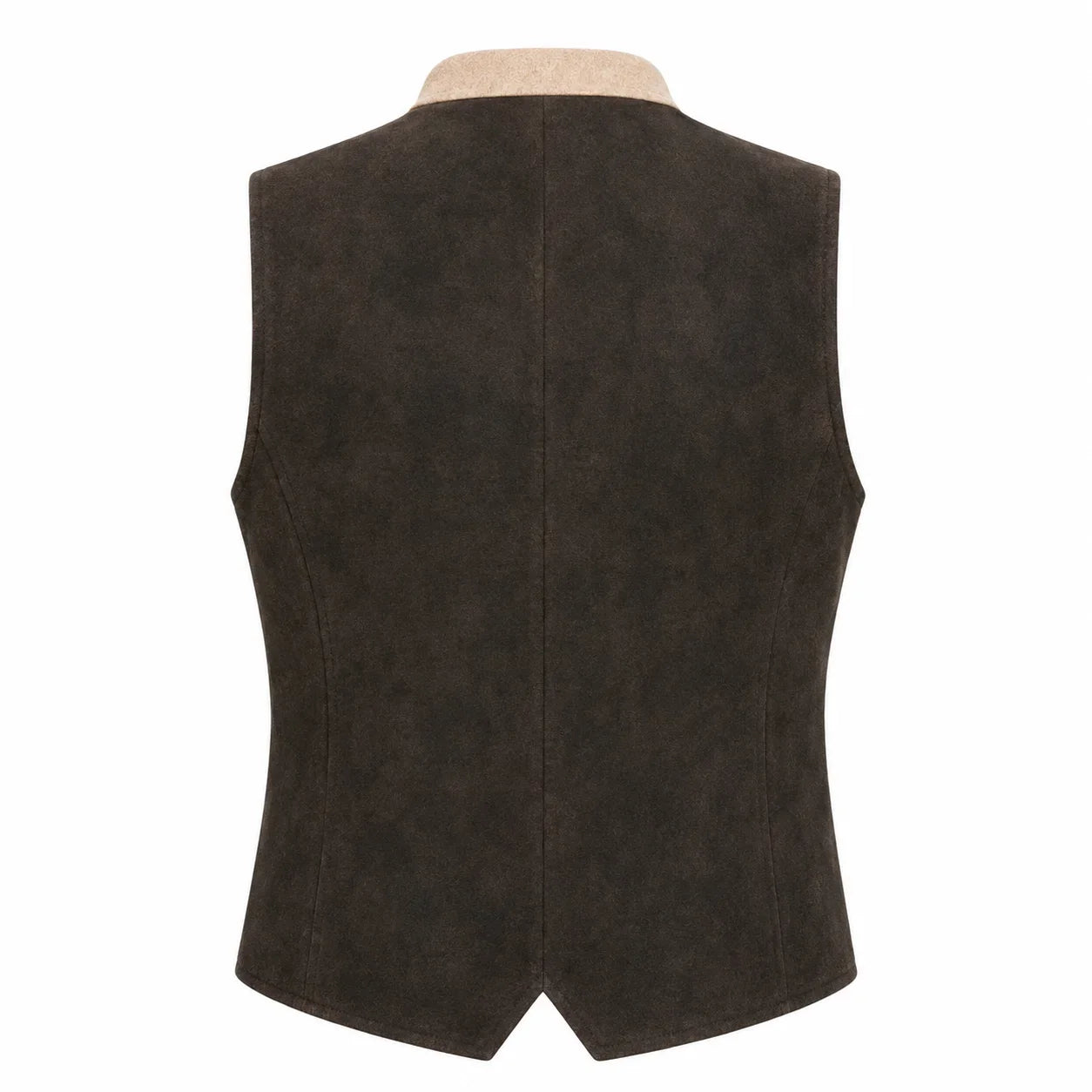 A dark brown suede vest shown from the back, featuring a central seam and a light beige inner collar lining, displayed on a clean white background.