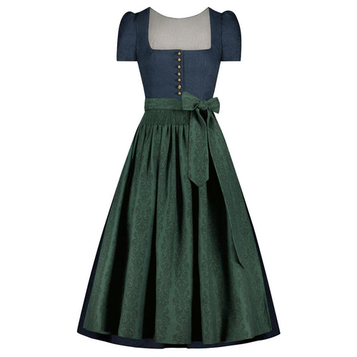 Two-tone dress with blue top and green skirt on a white background