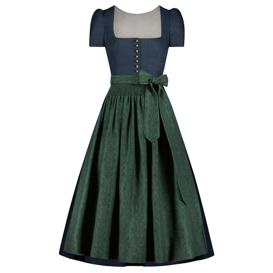 Two-tone dress with blue top and green skirt on a white background