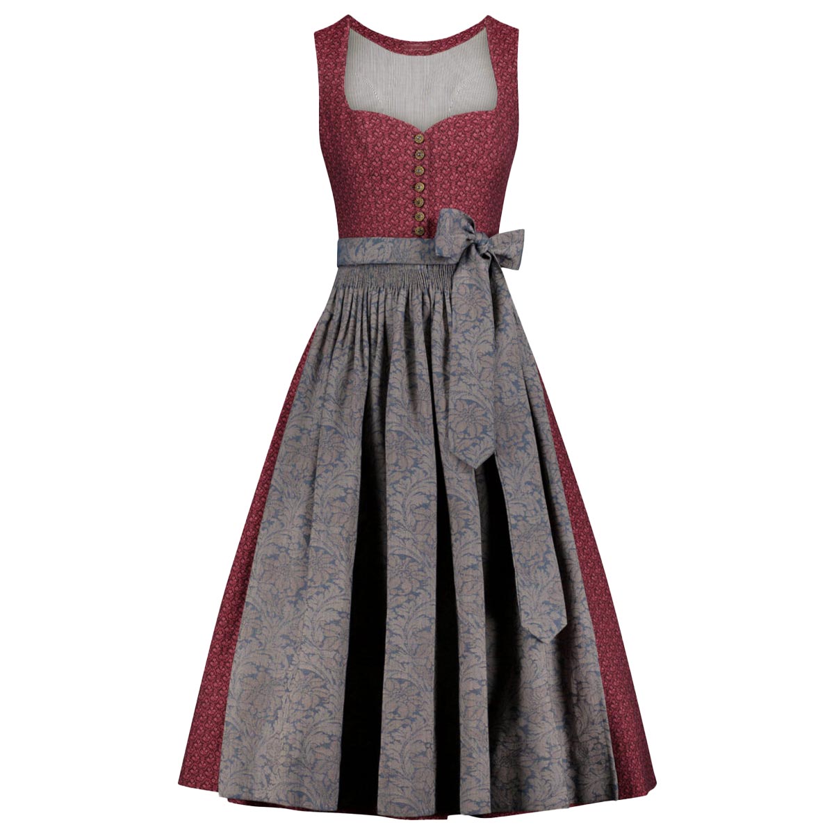 Two-tone dress with red and gray pattern on a white background