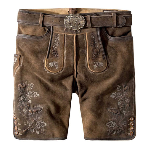 Brown leather shorts with embroidery and a belt on a white background