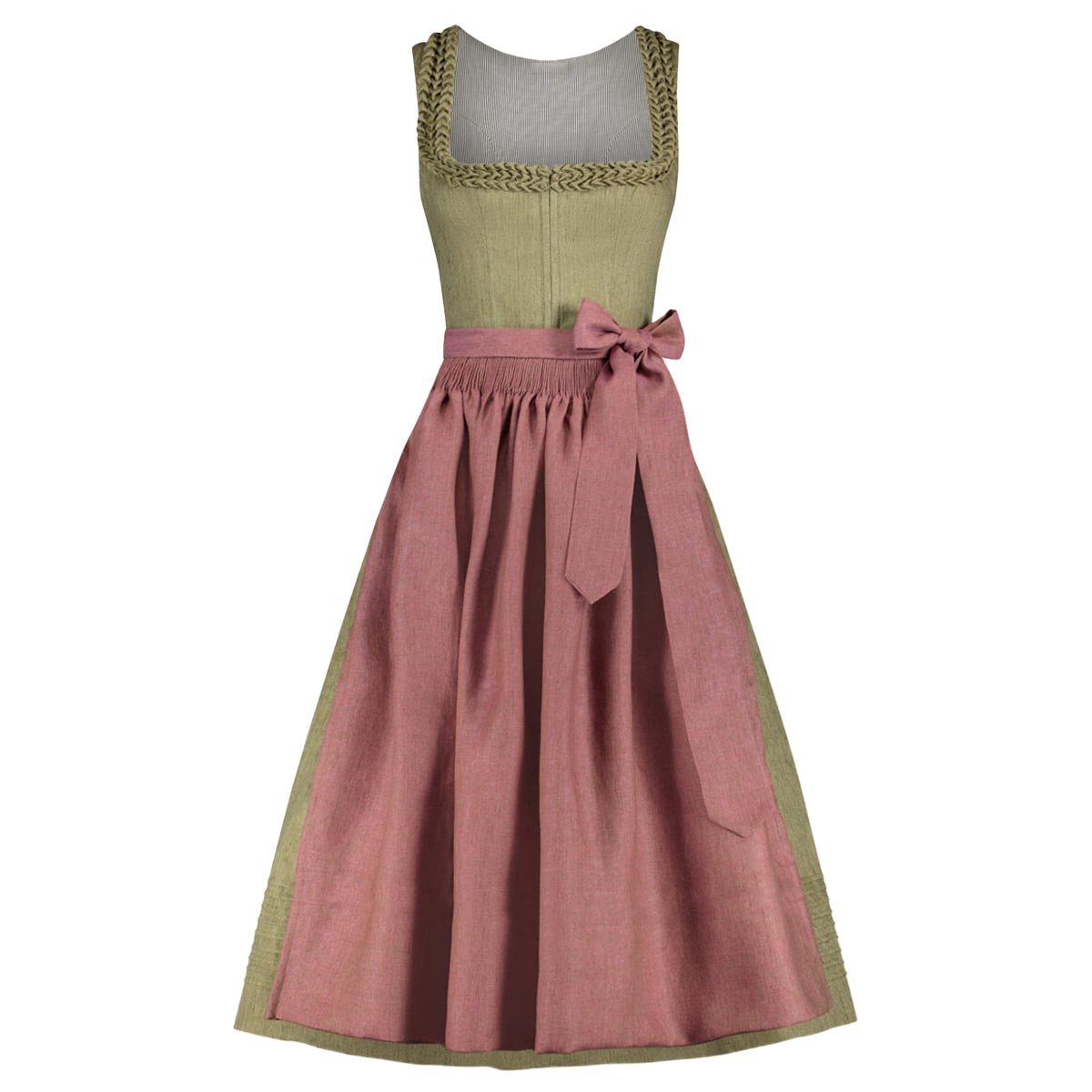 Two-tone dress with green top and pink skirt on a white background