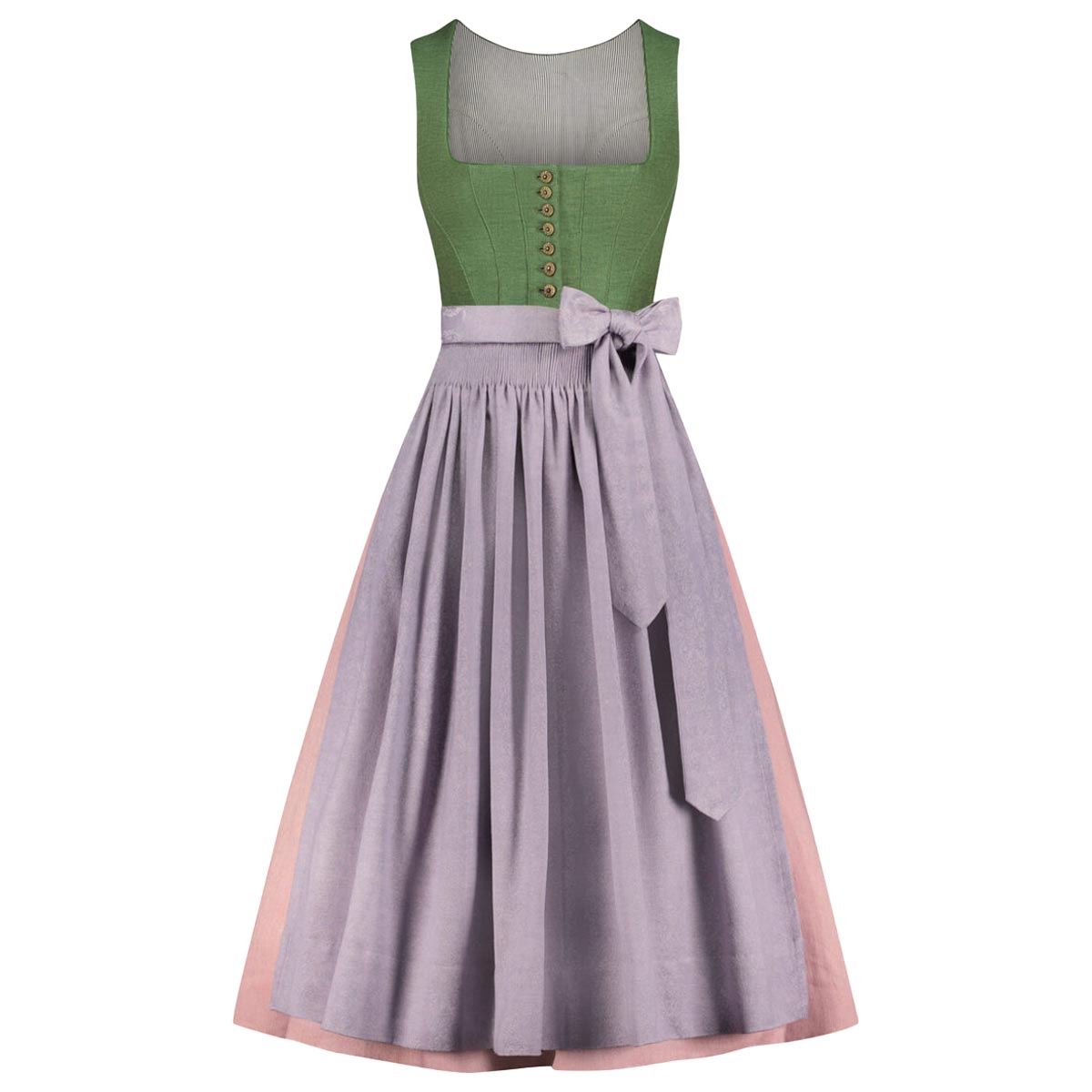 Two-tone dress with green top and gray skirt on a white background