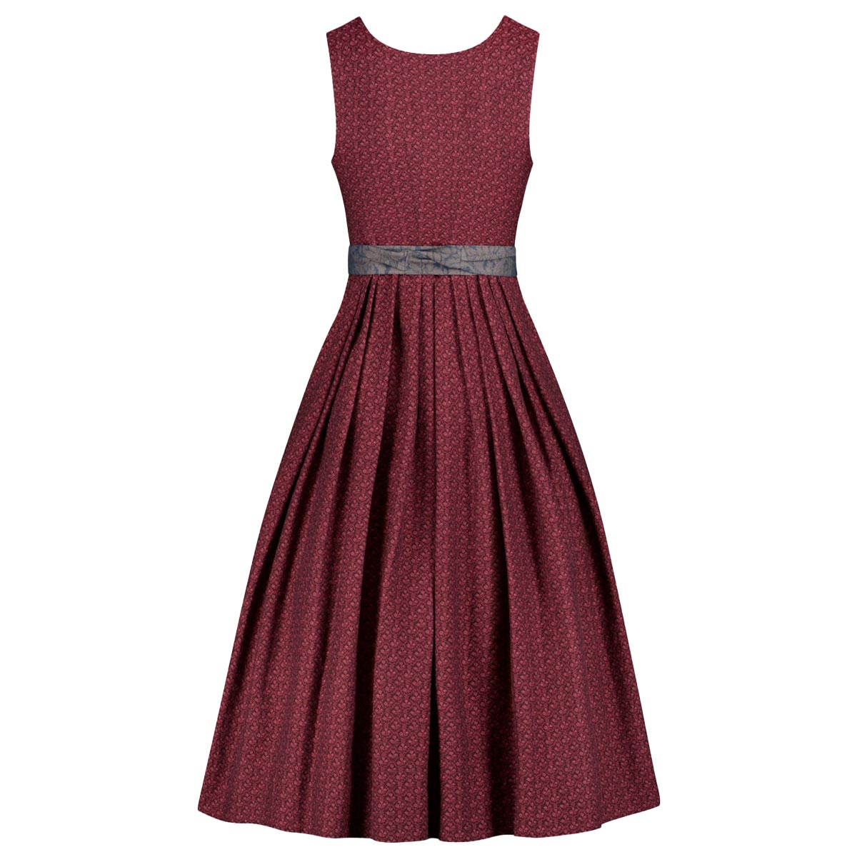 Maroon dress with a gray belt on a white background