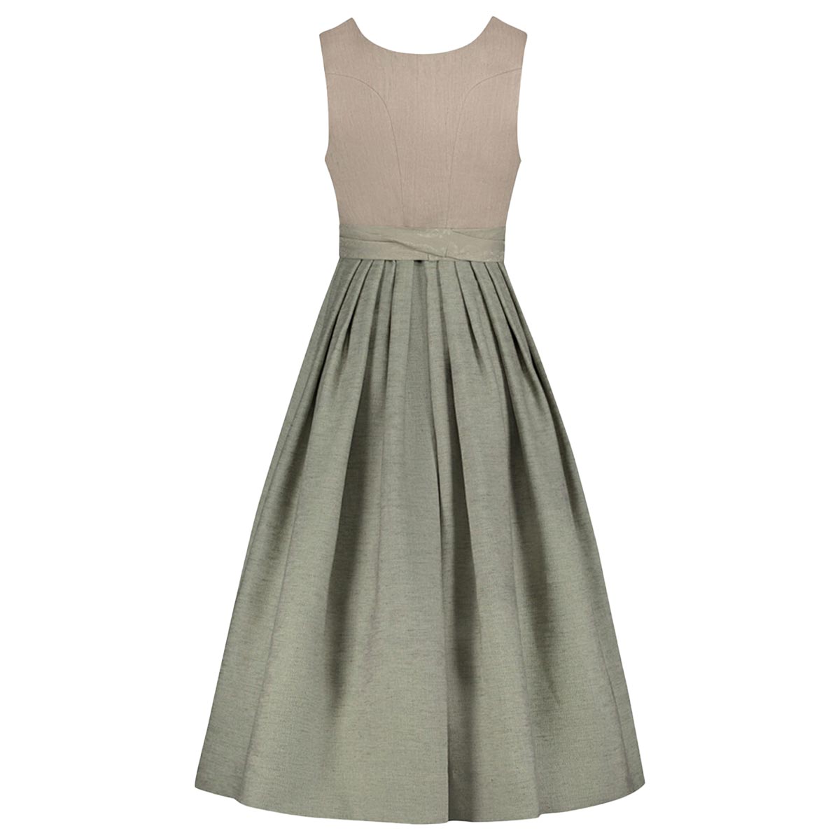Two-tone dress with beige top and green skirt on a white background
