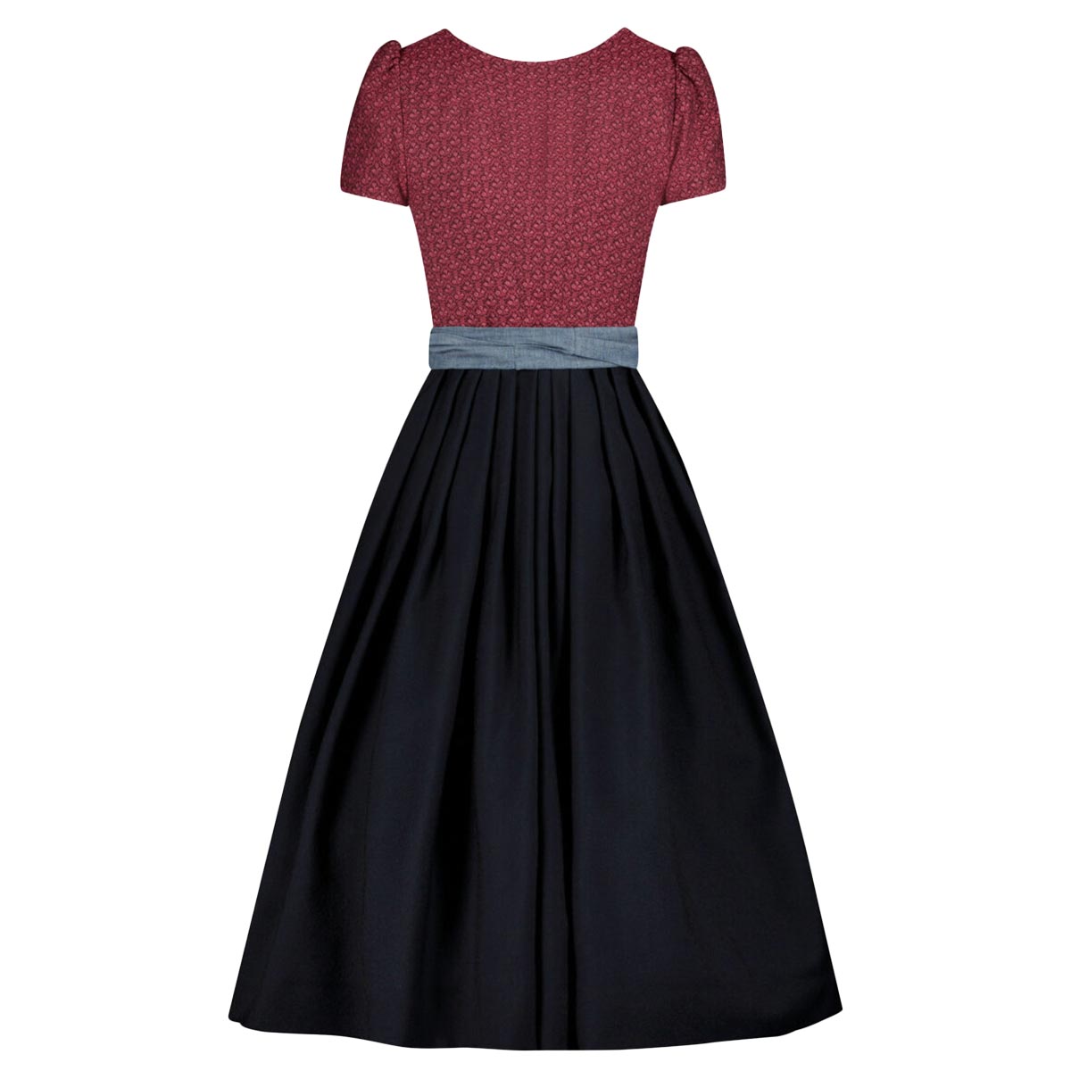Two-tone dress with red top and black skirt on a white background